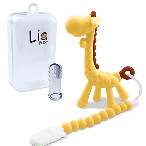 Product Cover LiaBebe Giraffe Baby Teething Toy Set Soothing Teether Toy with Chew Beads Pacifier Clip Holder Molar Teething Pain Relief, Soft Flexible BPA Free Silicone Freezer Safe for Infant, Baby, Boy and Girl