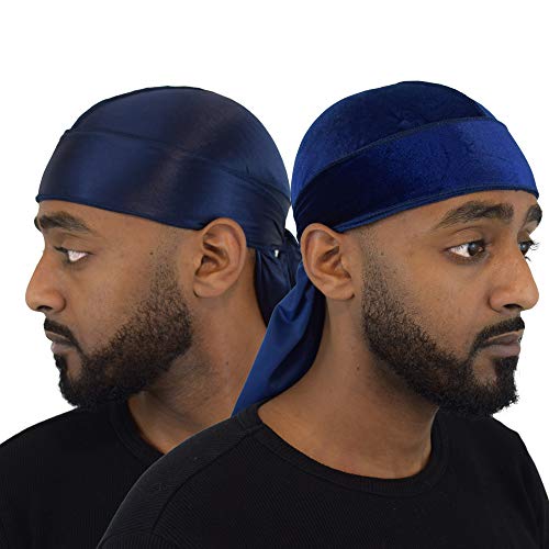 Product Cover Wayvee Crowns 2Pack Premium Durags for Men Waves | 1 Velvet Durag | 1 Silk Durag (Blue)