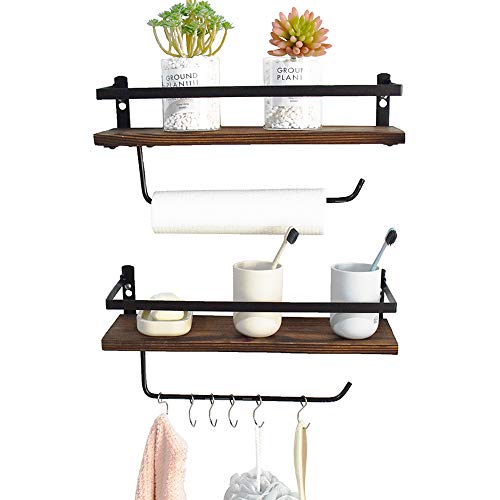 Product Cover PHUNAYA Long Floating Shelves with Towel Holder and Hooks,Set of 2,Rustic Wood and Black Metal 17inch,for Bathroom,Kitchen,Bedroom