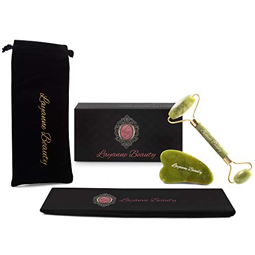 Product Cover Jade Roller, Gua Sha Set by Layanne Beauty | Lifetime Replacement Warranty | Includes Travel Bag, Hair Band As a Bonus | Anti Aging, Wrinkle, Firming, Slimming Natural Beauty Face Massager Tool