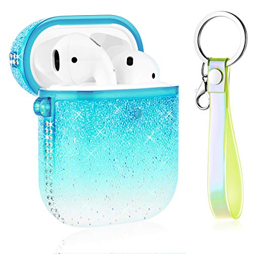Product Cover Caka Glitter Case for AirPods Case Cover Crystal Diamond Rhinestone Bling Sparkle Shiny Protective Shockproof with Lanyard Women Girls Case Cover for AirPods 1 and 2 (Gradient Teal)