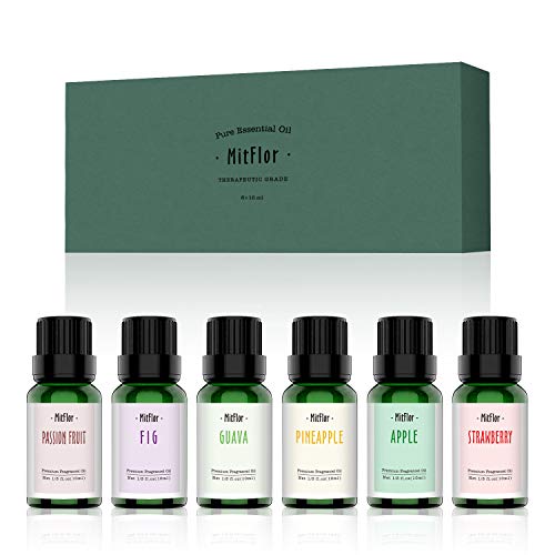 Product Cover Fruity Fragrance Oils Set, MitFlor Aromatherapy Therapeutic Fruit Oils Kit Gift for Diffuser Massage, Pineapple Guava Strawberry Passion fruit Apple Fig, 6 x 10ml