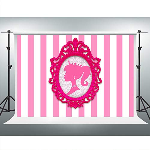 Product Cover Pink White Stripes Backdrop for Barbie Party Doll Head Photo Frame Glamour Girl Photography Background 7x5ft Photo Booth Banner for Cake Table Supplies LSVV1009