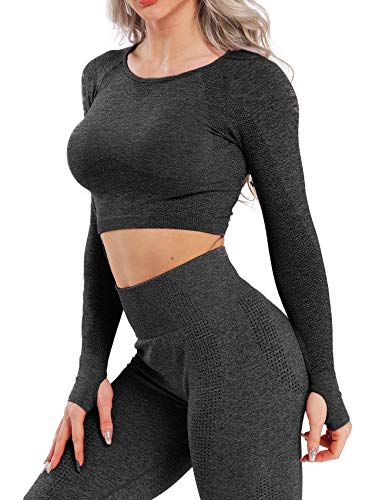 Product Cover Women's Yoga Gym Crop Top Compression Workout Athletic Long Sleeve Shirt L