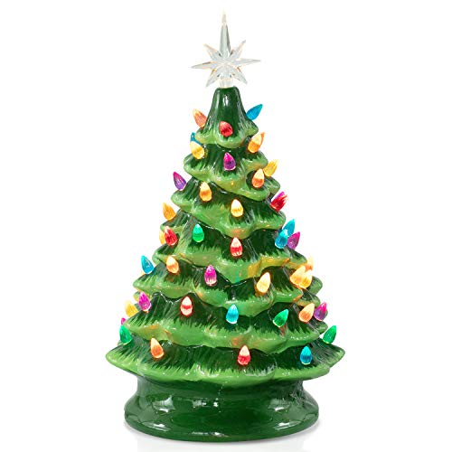 Product Cover 15-Inch Large Ceramic Christmas Tree Pro. - Battery Operated Tabletop Artificial Christmas Decoration Tree with Multicolored Lights, Green Christmas Tree, Star Included, Battery Not Included