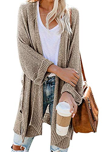 Product Cover PRETTYGARDEN Women's Casual Solid 3/4 Sleeve Split Knitted Loose Open Front Cardigan Sweaters Outwear Coat (Khaki, Medium)