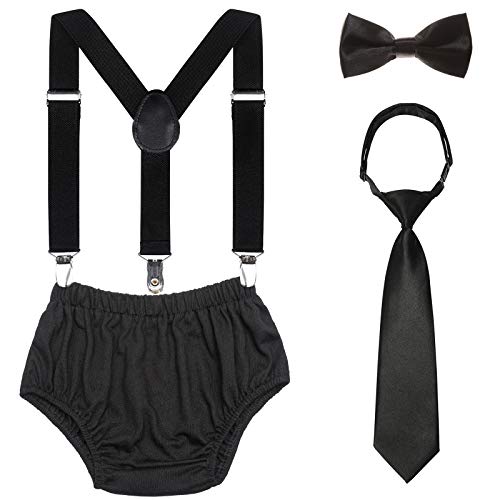 Product Cover Baby Boys 1st/2nd Birthday Cake Smash Outfit Set Adjustable Suspenders Ties Bloomers for Birthday Photography(Black)
