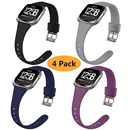 Product Cover Coperr 4 Packs Bands Compatible with Fitbit Versa/Fitbit Versa 2/Fitbit Versa Lite for Women Men, Narrow Slim Soft Silicone Replacement Wristband for Fitbit Versa Smart Watch with Buckle Design