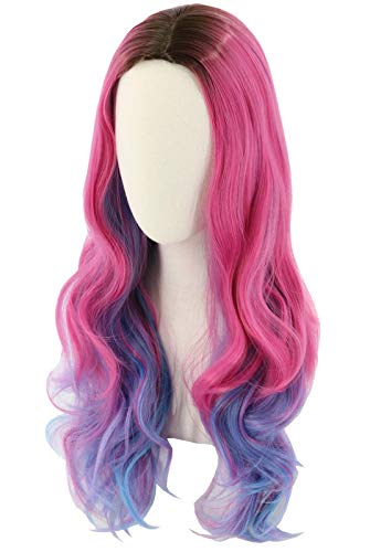Product Cover Topcosplay Womens Wig Long Wavy Pink Mixed Blue Halloween Costume Party Wig Black Roots (Adult)