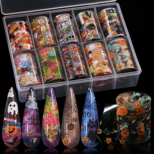 Product Cover 10 Colors Halloween Nail Foil Transfer Sticker, Kissbuty Halloween Nail Art Stickers Tips Wraps Foil Transfer Adhesive Glitters Acrylic DIY Nail Decoration (Halloween Pumpkin Skull)