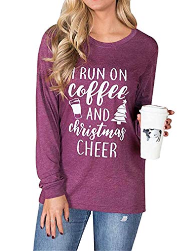 Product Cover Miselon Women Letter Printed Tee Shirt Casual O-Neck Long Sleeve Christmas Tops Pullover Shirts(Purple,X-Large)