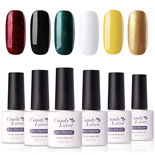 Product Cover Candy Lover Gel Nail Polish Set, Gold Green Red Selected 6 Classic Colors, Soak Off UV LED Nail Gel Polish Home Manicure Varnish Kit