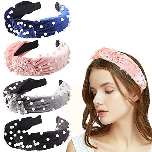 Product Cover Meartchy Headbands for Women Pearl, Headbands Women Hair, Twisted Faux Pearl Velvet Turban Headbands Knotted Headbands for Women Hair Hoops with Cloth Wrapped Hair Accessories for Women and Girls