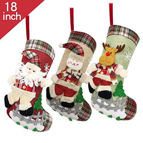 Product Cover ETERAMUS Plaid Christmas Stockings Set of 3,18 inch Large Burlap Xmas Socks with Snowflake,3D Plush Santa,Felt Snowman,Tree,Reindeer for Holiday Hanging. (3, 18)