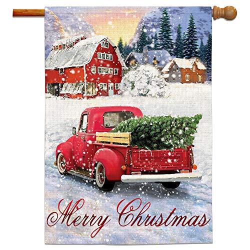 Product Cover Bonsai Tree Christmas Flags 28x40 Double Sided, Little Red Christmas Truck Burlap Decorative Garden Flags, Merry Christmas Tree Snow Winter Yard Flag Primitive Vintage Banners