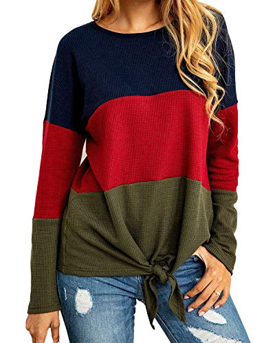 Product Cover Yidarton Women's Waffle Knit Tunic Tops Loose Long Sleeve Triple Color Block Tie Knot Casual Shirts (Large, Green)