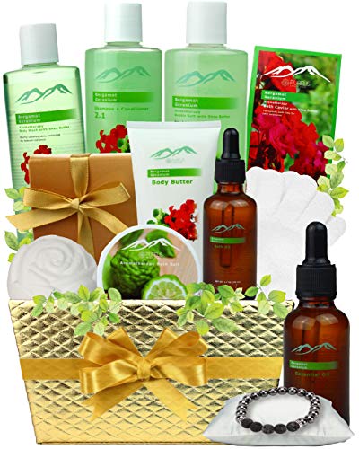 Product Cover Bath and Body Spa Gift Baskets Pampering Gift Set. Bergamot Geranium Aromatherapy Spa Baskets for Women. Bath & Body Works Gift Baskets for Relaxation! Best Bath Gift Sets for Womens Gift Basket!.