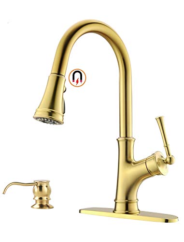 Product Cover Gold Kitchen Faucet with Pull Down Magnetic Docking Sprayer, Brushed Gold Single Handle 1 Hole High Arc Copper Pull Out Kitchen Sink Faucets, Champagne, APPASO