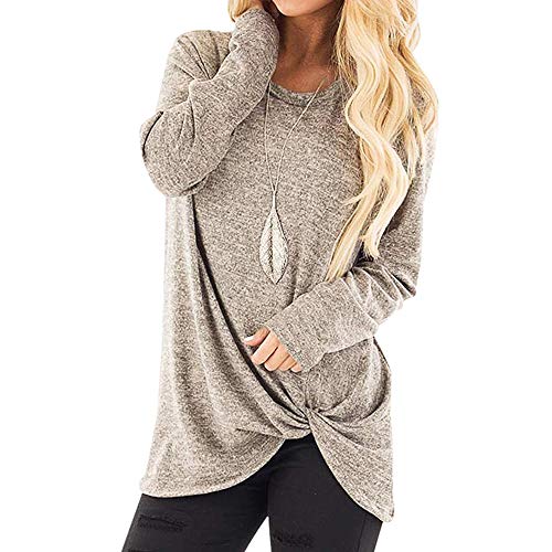 Product Cover iCJJL 2019 Women's Casual Autumn Twisted Knot Tops Blouse Solid Crewneck Loose T-Shirt Long Sleeve Tunic Sweatershirts Khaki