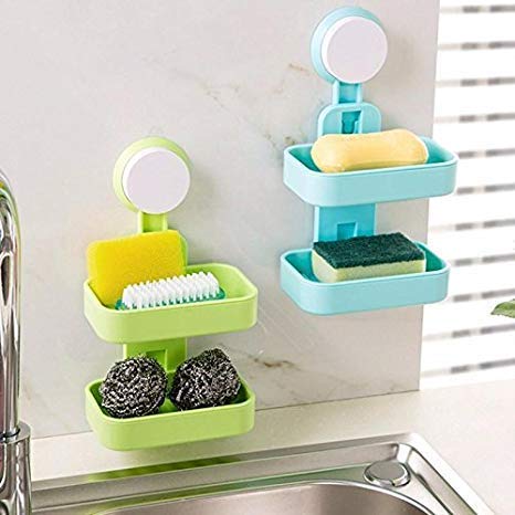 Product Cover QERINKLE Plastic Double Layer Sucker Wall Mounted Soap Box with Flipped Idea Suction Cup Holder for Bathroom and Wash Basin, Soap Box with Suction Cup Holder Rack for Bathroom