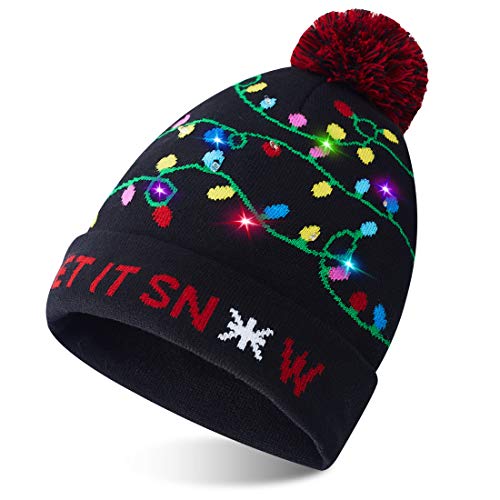 Product Cover ALISISTER Ugly Led Christmas Hat Beanie Women Light Up Warm Wool Caps for Men Winter Pom Cable Knit Funny Merry Xmas Cuff Let It Snow Beanie Colorful Holiday Party Gift Lightweight Black