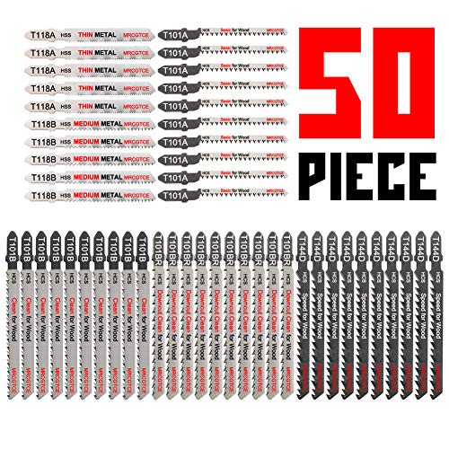 Product Cover 50 Piece Contractor JigSaw Blades Set with Storage Case, Assorted T-Shank Jig saw Blades for Wood, Plastic and Metal Cutting(T118A,T118B,T101AO,T101B,T101BR,T144D)