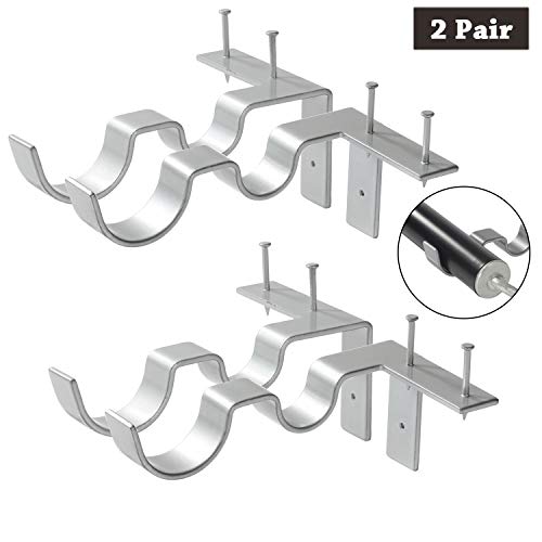 Product Cover Goowin 2Pair Curtain Rod Bracket, No Drill Hang Curtain Rod Holder Curtain Brackets Tap in Window Frame, Super Carrying Capacity Double Curtain Rod Hooks for Living Room Bathroom Bedroom (Silver)
