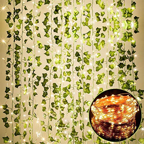 Product Cover 84 FT Artificial Ivy 12 Pack Ivy Vine Garland Ivy Leaves Greenery Garlands Hanging with 100 LED String Light Fake Leaf Plants Faux Green Flowers Decor for Home Kitchen Garden Office Wedding Wall