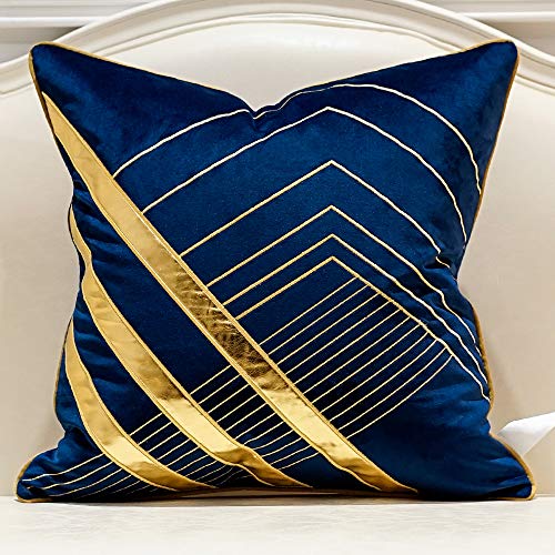 Product Cover Avigers 18 x 18 Inches Navy Blue Gold Leather Striped Embroidered Cushion Cases Luxury European Throw Pillow Covers Decorative Pillows for Couch Living Room Bedroom Car 45 x 45cm
