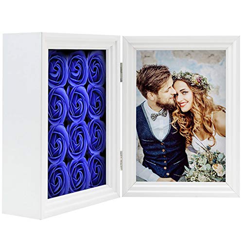 Product Cover Hinged Shadow Box Frame with Glass Front - Display 4x6 Pictures and Flowers, Wood Photo Frame Box Stands Vertically on Desk Table Top, White