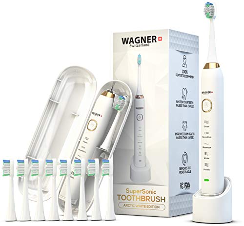 Product Cover WAGNER Switzerland. Arctic White. ULTRA Whitening Toothbrush | 8 DuPont Bristles | SuperSonic 5 Modes w Smart Timer | 48,000 VPM | Wireless | Premium Travel Case | 100% Dentist Recommended & Designed.