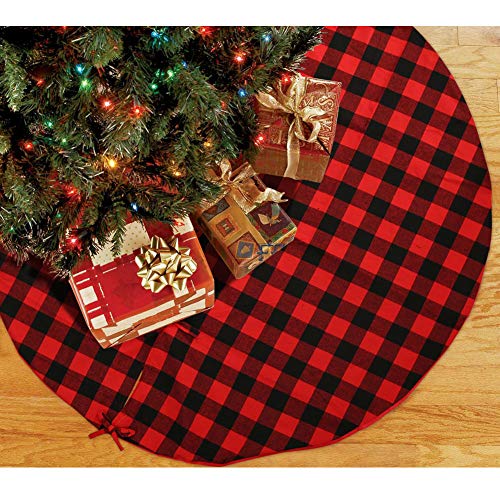 Product Cover Hokic Buffalo Plaid Christmas Tree Skirt 48 inch Cotton Red and Balck Buffalo Check Tree Skirt Xmas Tree Skirt for Christmas Decorations Xmas Holiday Decor