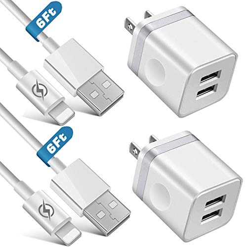 Product Cover iVelltare Phone Charger (4-Pack), 2 X 6FT Long Fast Charging USB Cable Cord + 2-Pack 2.1A Dual USB Wall Charger Plug Power Adapter Compatible with Phone 11/11Pro/11 Pro Max/Xs/XR/X/8/7/6 Plus, Pad
