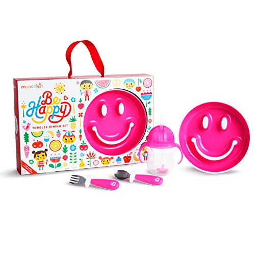 Product Cover Munchkin Be Happy Toddler Dining Set, Includes Suction Plate, Straw Cup and Utensil Set, Pink