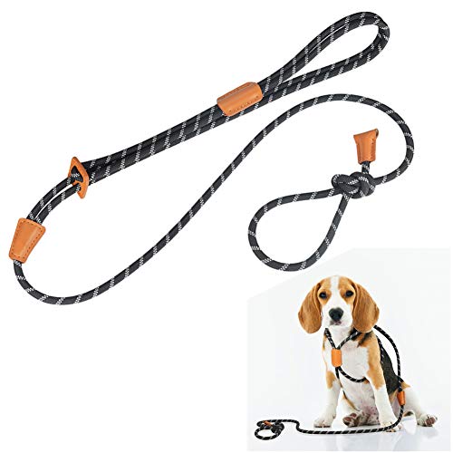 Product Cover Rope Slip Dog Leash and Harness in One for Small Medium and Large Dogs, Adjustable Nylon Rope Leash and Harness Set with Reflective(Black) Stripe(Black)