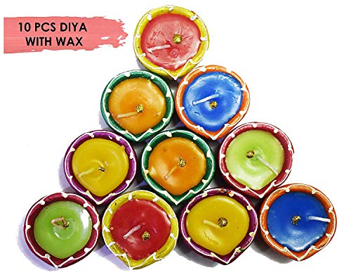 Product Cover CRAFTSMAN Handmade Traditional Terracotta Clay Diya. Multicolor-10 pc Set. Diwali Deepawali Earthen Oil Lamp Wax Filled. Indian Gift Items Dia