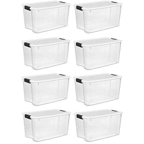 Product Cover Sterilite 70 Quart Ultra Latch Storage Box with White Lid & Clear Base (8 Pack)