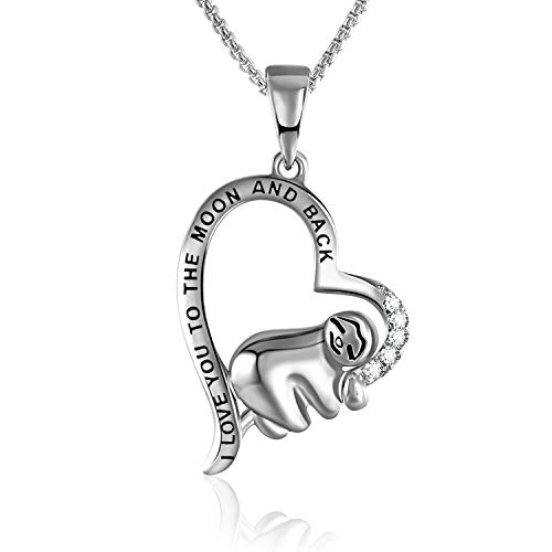 Product Cover Grecia White Gold Plated Sloth Necklace for Women I Love You to The Moon and Back Love Heart Pendant Gift for Her, Jewelry for Girlfriend, Wife, Sister, Grandma, Mom