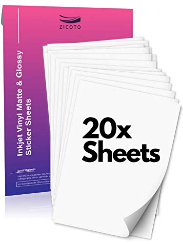 Product Cover Premium Printable Vinyl Sticker Paper for Your Inkjet Printer - 10x Glossy and 10x Matte Waterproof Sheets - Dries Quickly and Holds Ink Beautifully