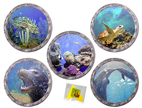 Product Cover OTDCGI 5 Pcs Ocean World Wall Stickers 11 inches Diameter Porthole 3D Sticker Sea Life Wall Decor