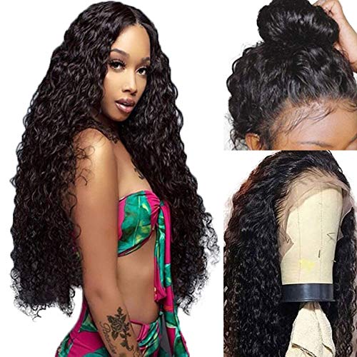 Product Cover Lovigs Hair Lace Front Wigs with Baby Hair Long Loose Curly Synthetic Wig Heat Resistant Fiber Curly Wigs for Black Women(1B 24inch)