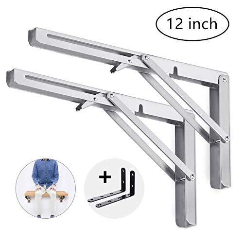 Product Cover king do way Folding Shelf Brackets 12inch 4Pcs Heavy Duty Shelf Bracket Stainless Steel 90° Folding Brackets for Shelves with Screws for Work Bench Table, Space Saving DIY Bracket Max Load: 330lb