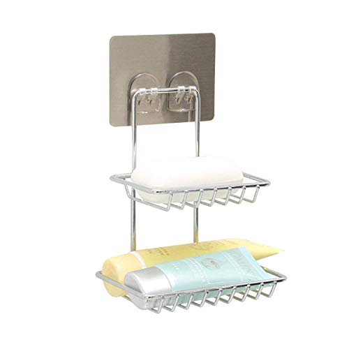 Product Cover TOUARETAILS (LABEL) Wall Mounted Double Layer soap Dish Holder Stainless Steel Wall Hanging Soap Storage Rack for Kitchen Bathroom (Silver)