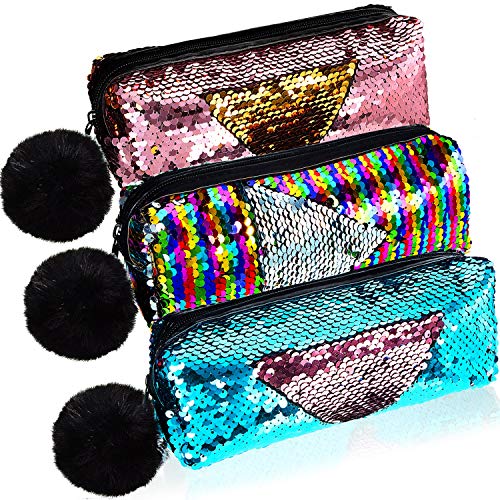 Product Cover 3 Pieces Sequin Cosmetic Bag Mermaid Spiral Reversible Sequin Student Pencil Case Double Color Zipper Make Up Pouch for Girls (Classic Pattern)