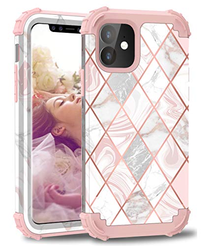 Product Cover iPhone 11 Case, ZHK Marble 3 Layer Heavy Duty Shockproof Case Hard PC+Silicone Rubber Hybrid Sturdy Armor Full-Body Protective Case for Apple iPhone 11 (6.1 inch, 2019)-Rose Gold