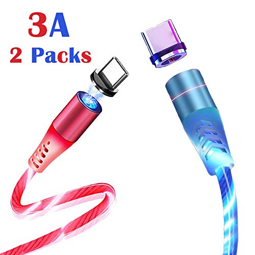 Product Cover Awaqi 2 Packs 3A Glowing Fast Charging Cable Magnetic USB C Charging Cord Flowing LED Light Up Charger Cable Type C Magnetic Charging Cable for Galaxy Note 10+ /Note 10/S10 Plus/S9/OnePlus (Blue/Pink)