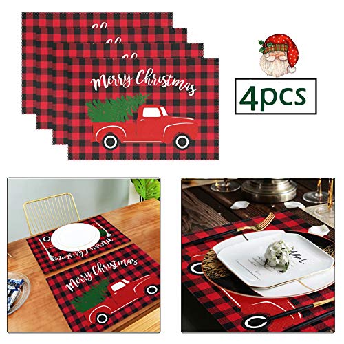 Product Cover Wamika Merry Christmas Tree Red Truck Placemats Set of 4 Table Mat Winter Snowman Buffalo Plaid Place Mat Placemat Non Slip Stain Heat Resistant 12