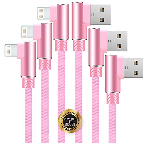 Product Cover Boost+ Right Angle Charging Cable 6 FT 90 Degree Power Cord 3 Pack Nylon Braided Charger Cord Compatible with Apple iPhone, iPad Mobile Digital Device, 3-Pack, Pink