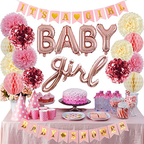 Product Cover Cuterui Baby Shower Decorations for Girl,Metallic Rose Gold Foil Tissue Paper Pom Poms,It's A Girl Baby Shower Banners,Baby Girl Letter Balloons and Honeycomb Balls Kit for Baby Shower Decorations