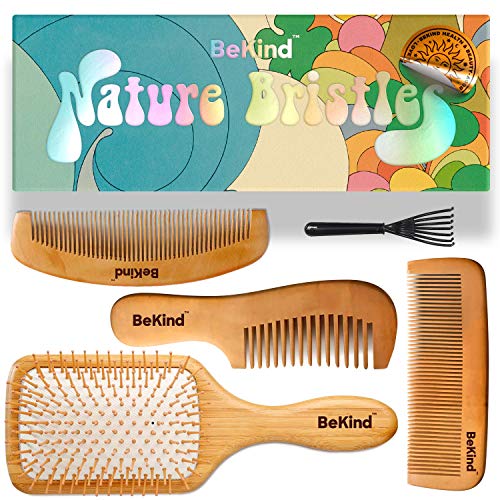 Product Cover BeKind Nature Bristles (4 pcs) Natural Wood Hair Paddle Detangling Brush and Comb Kit Set with Wooden Bristles Massage Scalp Bamboo Comb Unisex Gift Idea for Men Women and Kids, Gift Bag Included.